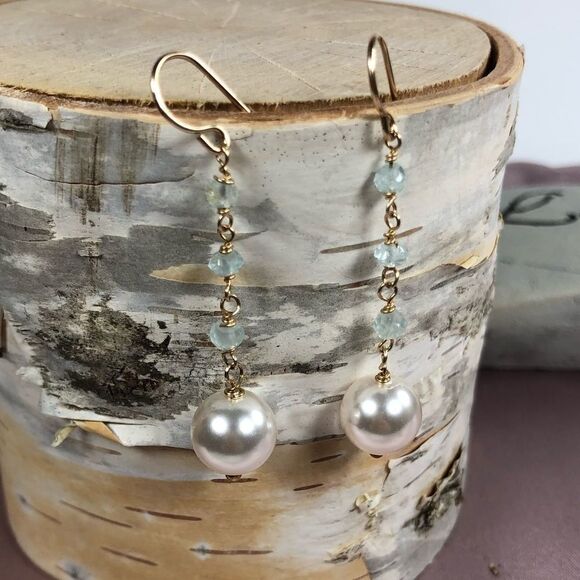 Artisan 14k Gold Aquamarine Pearl dangle earrings - Picture 7 of 7